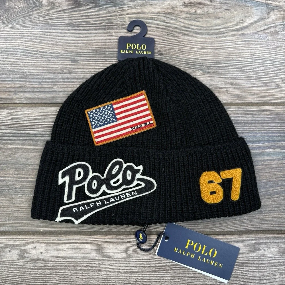 Polo Ralph Lauren Multi Patch Script Logo Black Knit Beanie Hat Black‎ Cap NWT